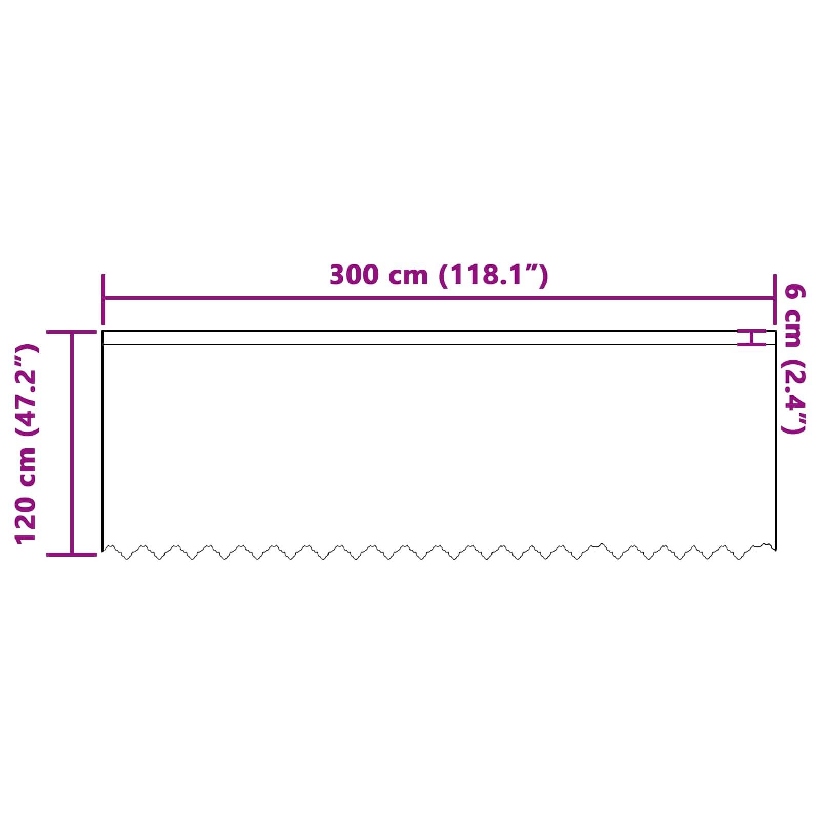 Diagramm zeigt eine rechteckige Markise: Breite 300 cm (118,1 Zoll), Höhe 120 cm (47,2 Zoll), Tiefe 6 cm (2,4 Zoll).