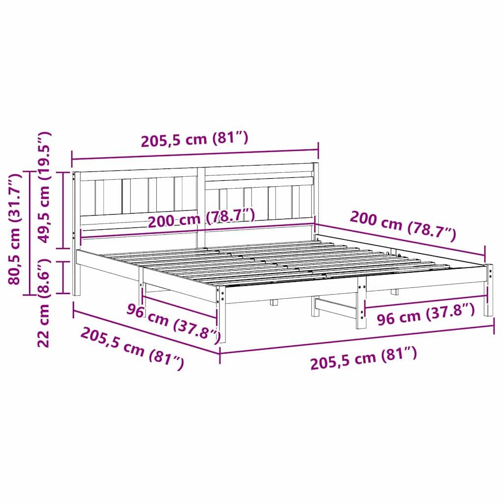 Maßstabgetreue Zeichnung eines Bettgestells mit Kopfteil, das die Gesamtgröße von 205,5 x 200 cm zeigt, die Kopfteillänge von 80,5 cm und die Bodenfreiheit von 22 cm.