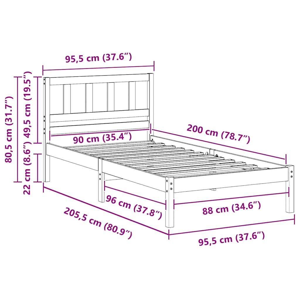 vidaXL Bettrahmen Wachsbraun 90 x 200 cm Massives Kiefernholz