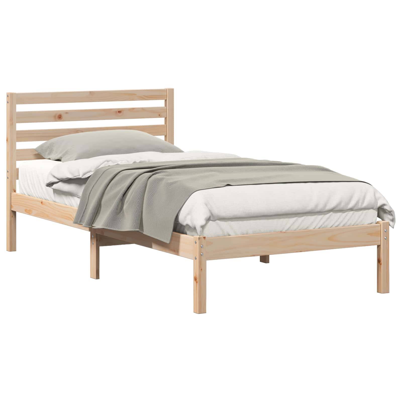 Einzelbett aus Holz mit Lamellenkopfteil, weiße Bettwäsche und graue Wurfdecke auf schlicht weißem Hintergrund.
