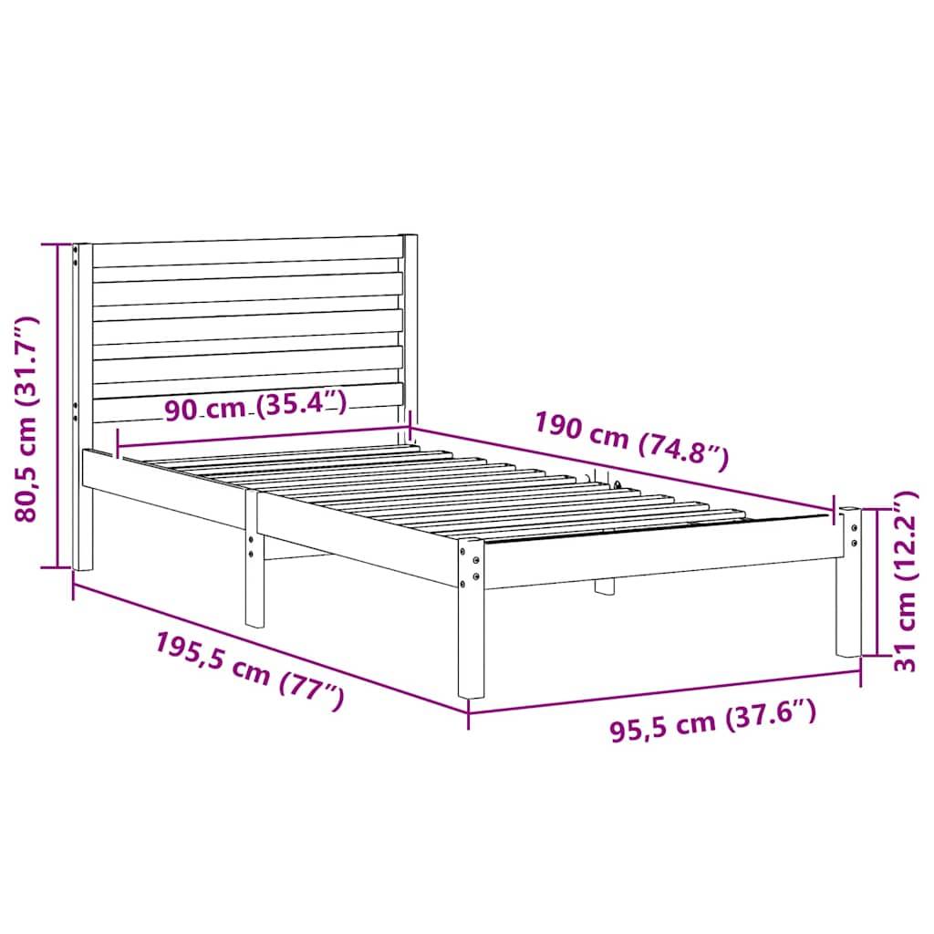 vidaXL Bettrahmen Wachsbraun 90 x 190 cm Massives Kiefernholz