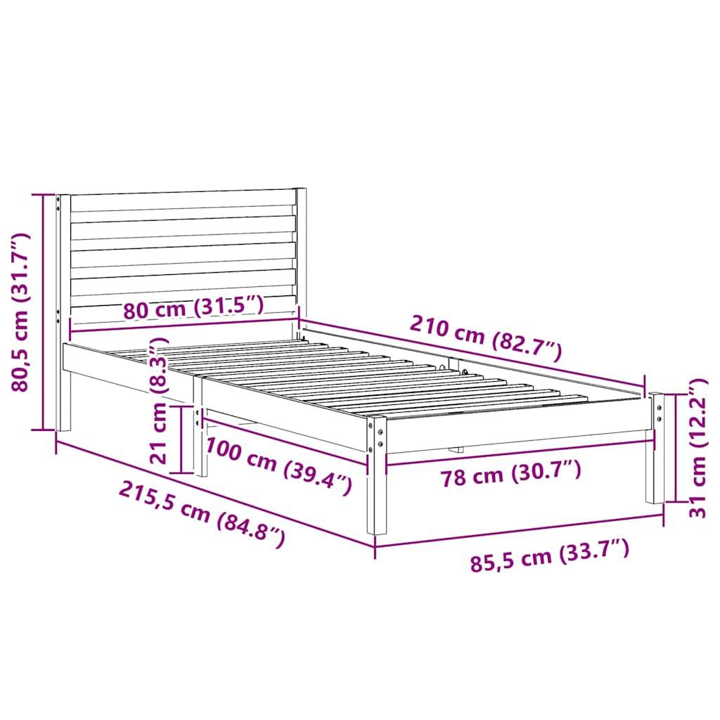 vidaXL Bettrahmen Wachsbraun 80 x 210 cm Massives Kiefernholz