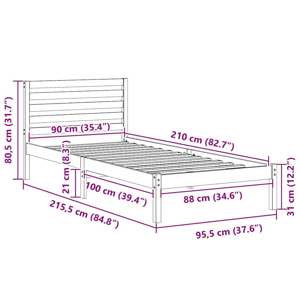vidaXL Bettrahmen mit Kopfteil Weiß 90 x 210 cm Massives Kiefernholz