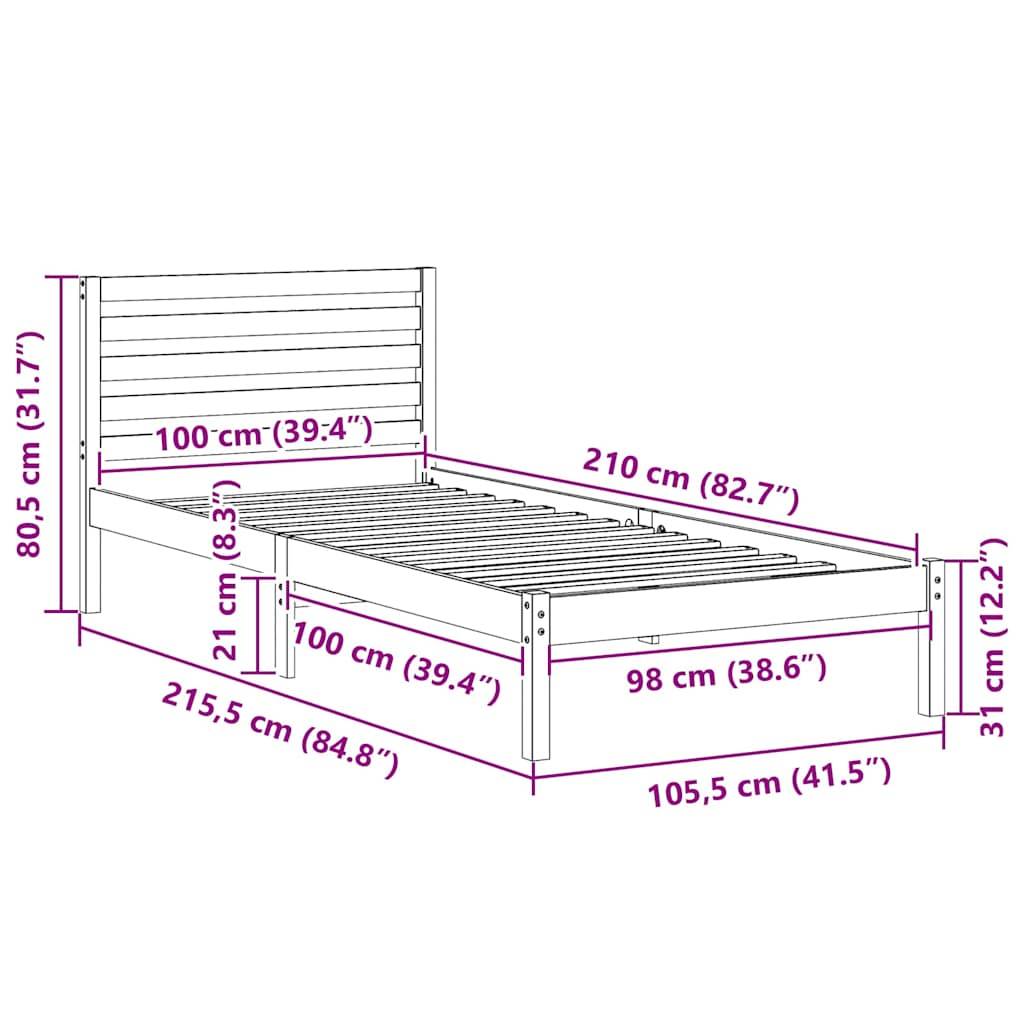 vidaXL Bettrahmen mit Kopfteil Weiß 100 x 210 cm Massives Kiefernholz