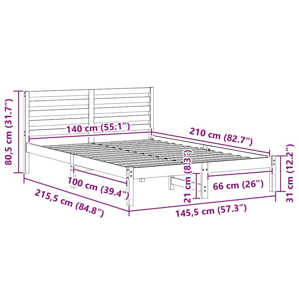 vidaXL Bettrahmen mit Kopfteil Braun 140 x 210 cm Massives Kiefernholz