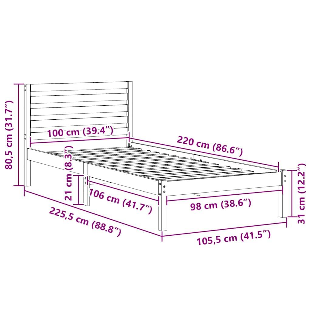 vidaXL Bettrahmen mit Kopfteil Braun 100 x 220 cm Massives Kiefernholz