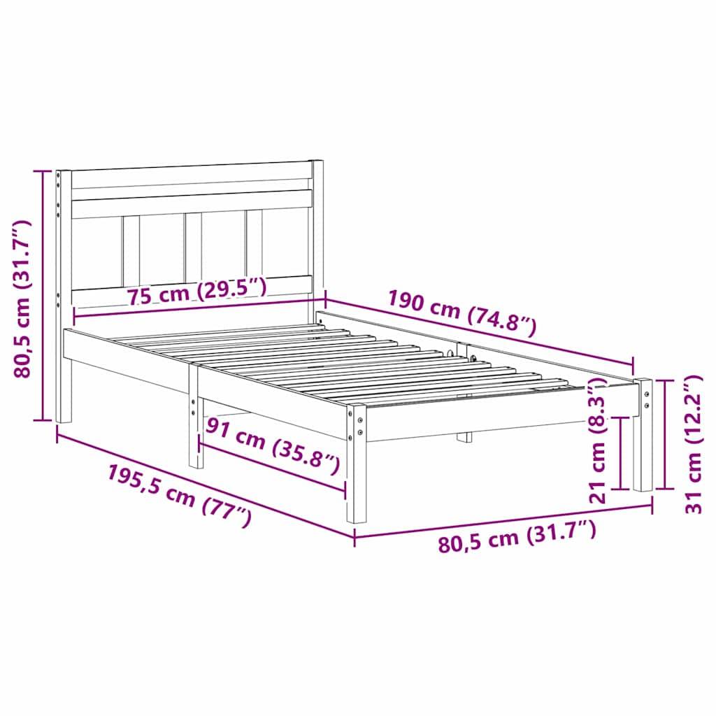 vidaXL Bettrahmen Braun 75 x 190 cm Massives Kiefernholz