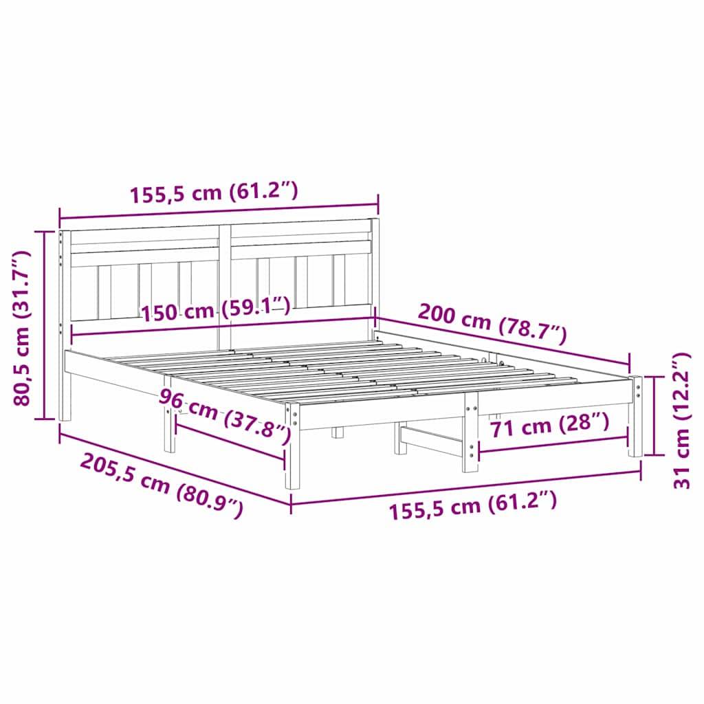 vidaXL Bettrahmen Braun 150 x 200 cm Massives Kiefernholz