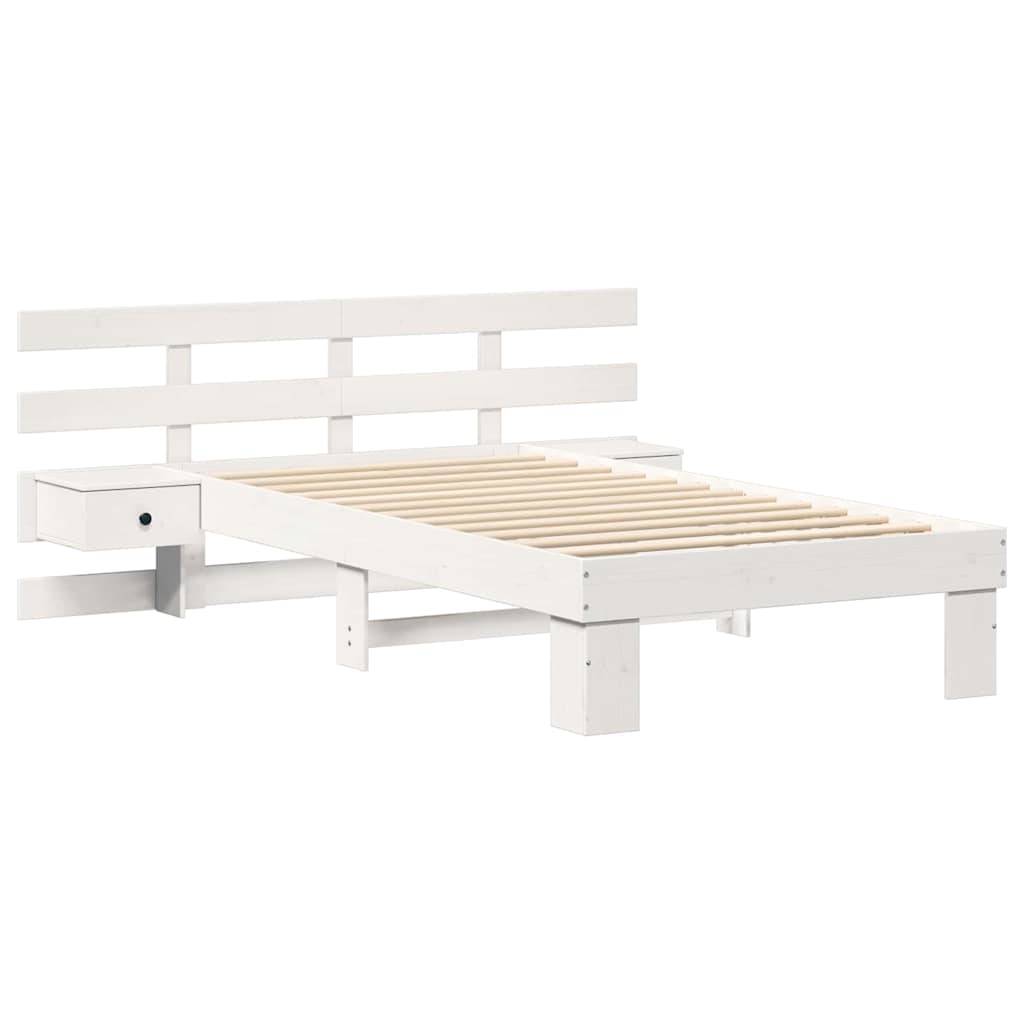 Ein weißer Lattenrahmen mit einem passenden, angebauten Nachttisch auf der linken Seite, bemerkenswert für sein minimalistisches und modernes Design.