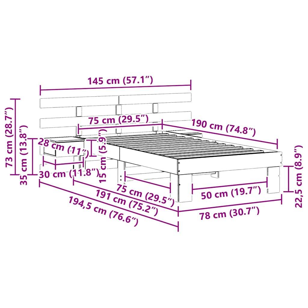 vidaXL Bettrahmen mit Kopfteil Braun 75 x 190 cm Massives Kiefernholz