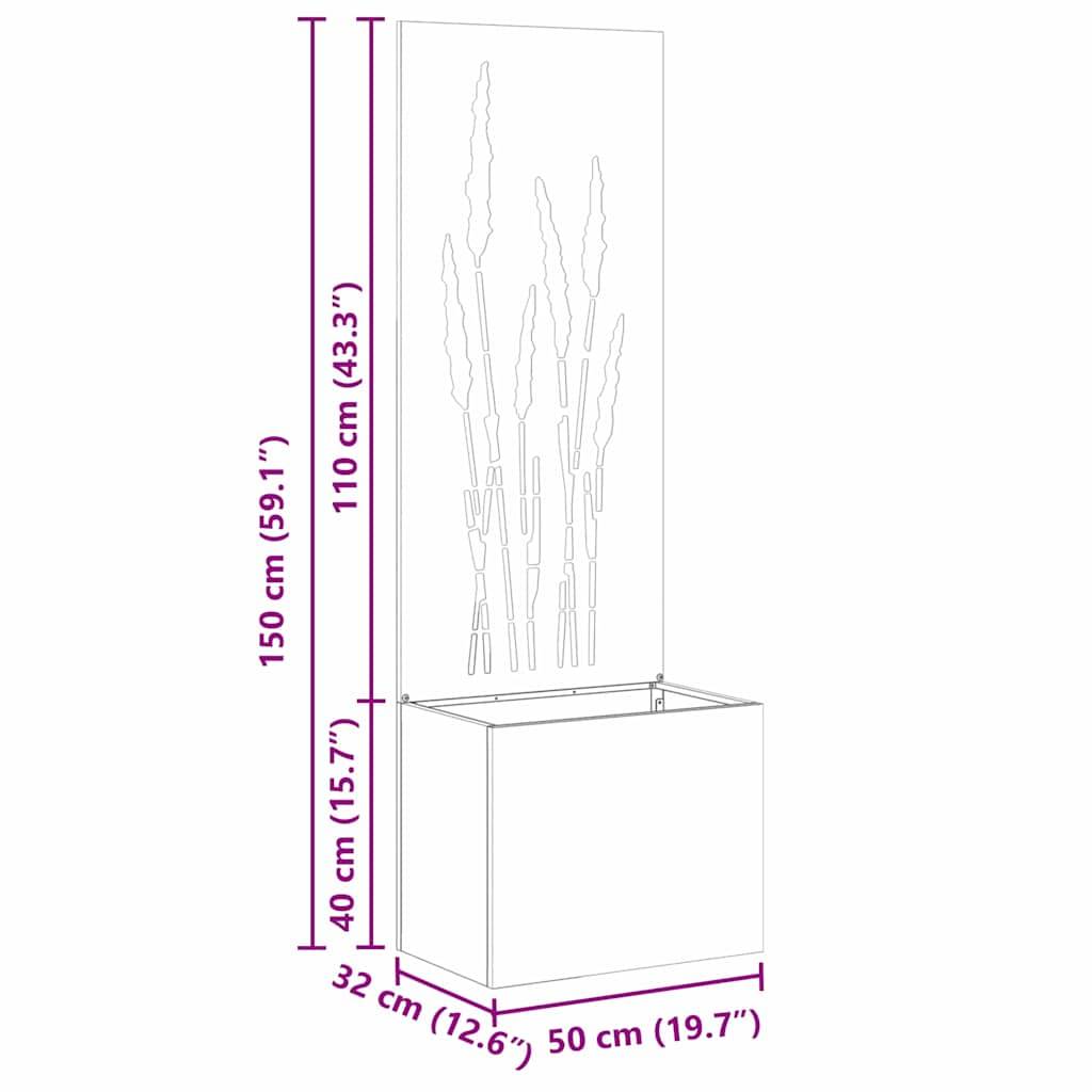 Ein hohes, rechteckiges Pflanzgefäß mit Rohrkolben-Dekorationen, Abmessungen beschriftet: Höhe 150 cm, Pflanzgefäßhöhe 40 cm, Breite 50 cm, Tiefe 32 cm.