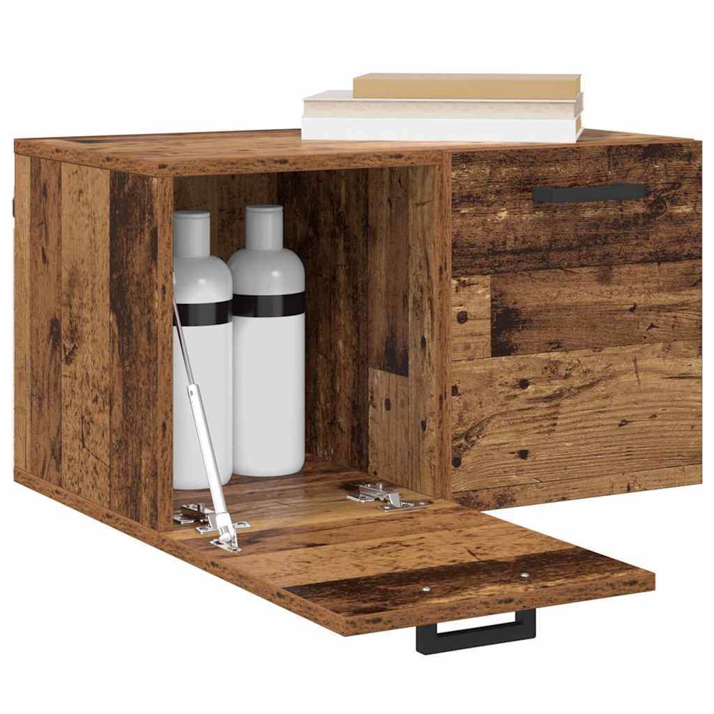 Holz-Wandschrank mit offenen und geschlossenen Abteilen, der zwei weiße Flaschen im Inneren zeigt. Auf der Oberseite sind Bücher platziert.