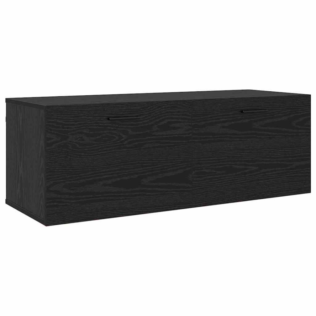 Ein langer, schwarzer Holz-Wandschrank mit flacher Oberseite und minimalistischem Design, der eine subtile Holzmaserungstextur aufweist.