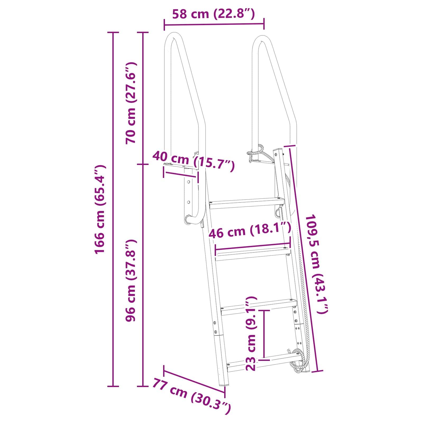 Strichzeichnung einer Poolleiter mit Maßen: Höhe 166 cm, obere Breite 58 cm, Stufenbreite 40 cm, Abstand untere Stufe 46 cm und Tiefe 77 cm.