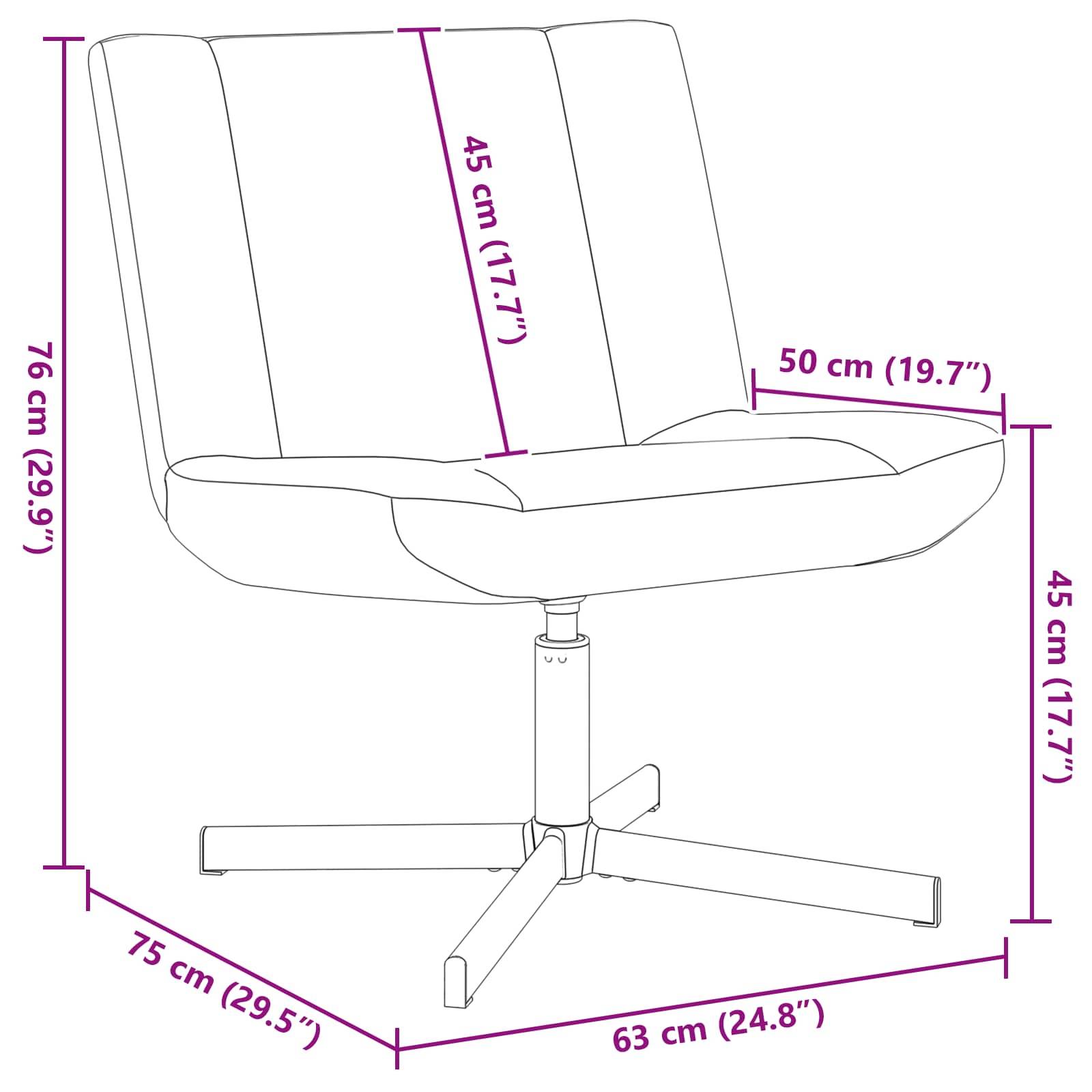 Darstellung eines Drehstuhls mit Maßen: Sitzhöhe 45 cm (17,7 Zoll), Breite 63 cm (24,8 Zoll), Tiefe 75 cm (29,5 Zoll).