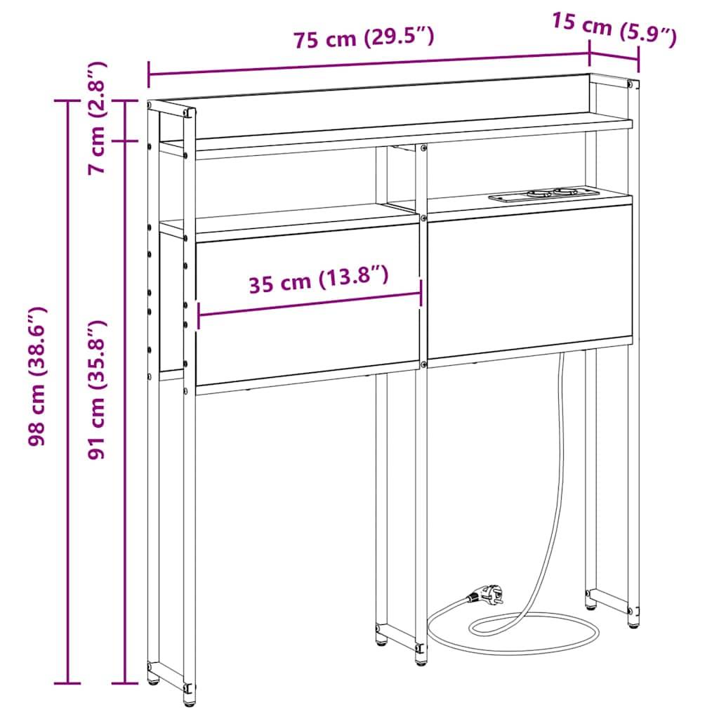 Eine schematische Zeichnung eines Schranks mit offenen Regalen und geschlossenem Stauraum. Abmessungen: 98 cm hoch, 75 cm breit, 15 cm tief, detailliert in Zentimetern und Zoll.