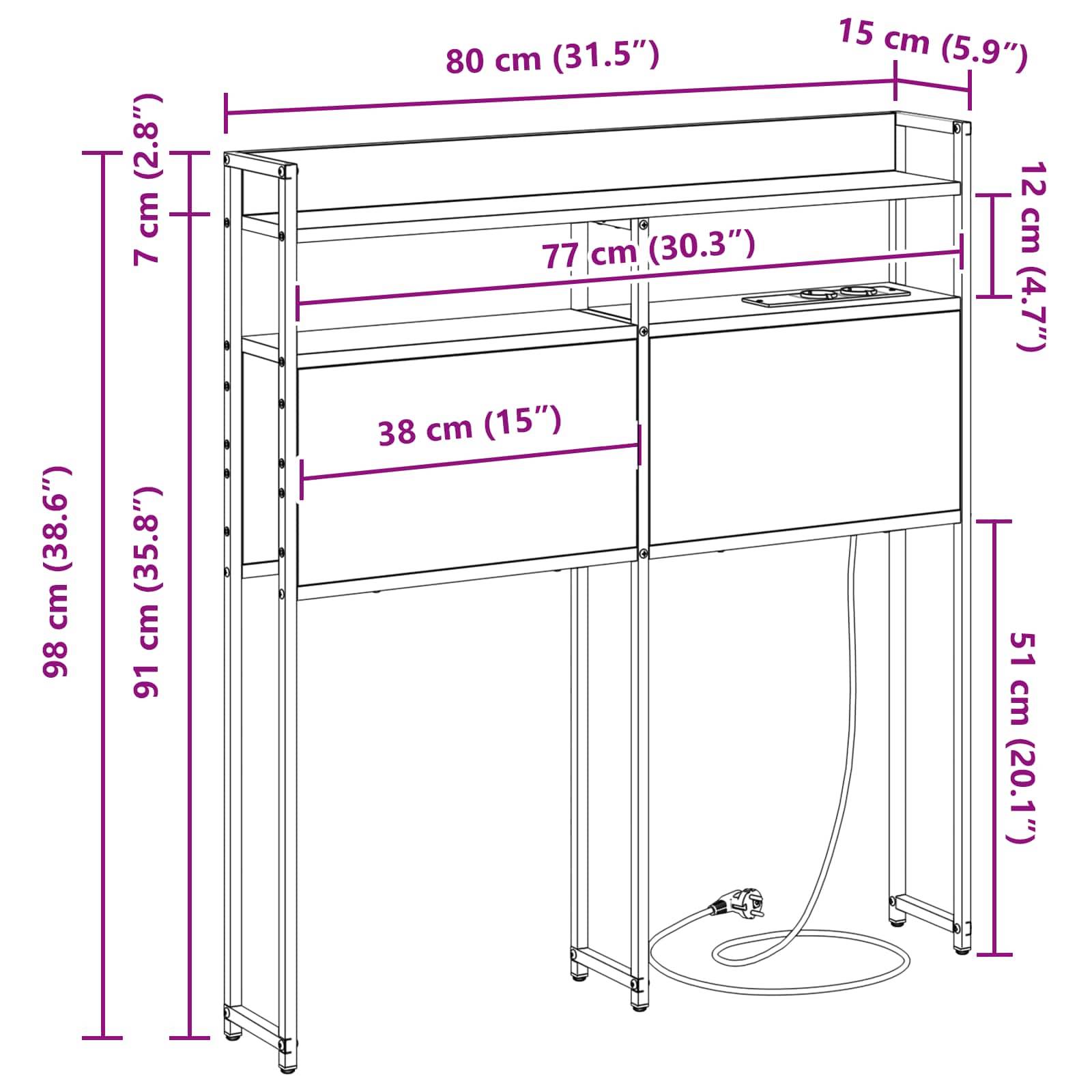 Diagramm eines klappbaren, wandmontierten Schreibtischs. Beschriftete Abmessungen: Höhe 98,6 cm, Breite 80 cm, Tiefe 15 cm. Die Schreibtischoberfläche ist 77 cm breit.