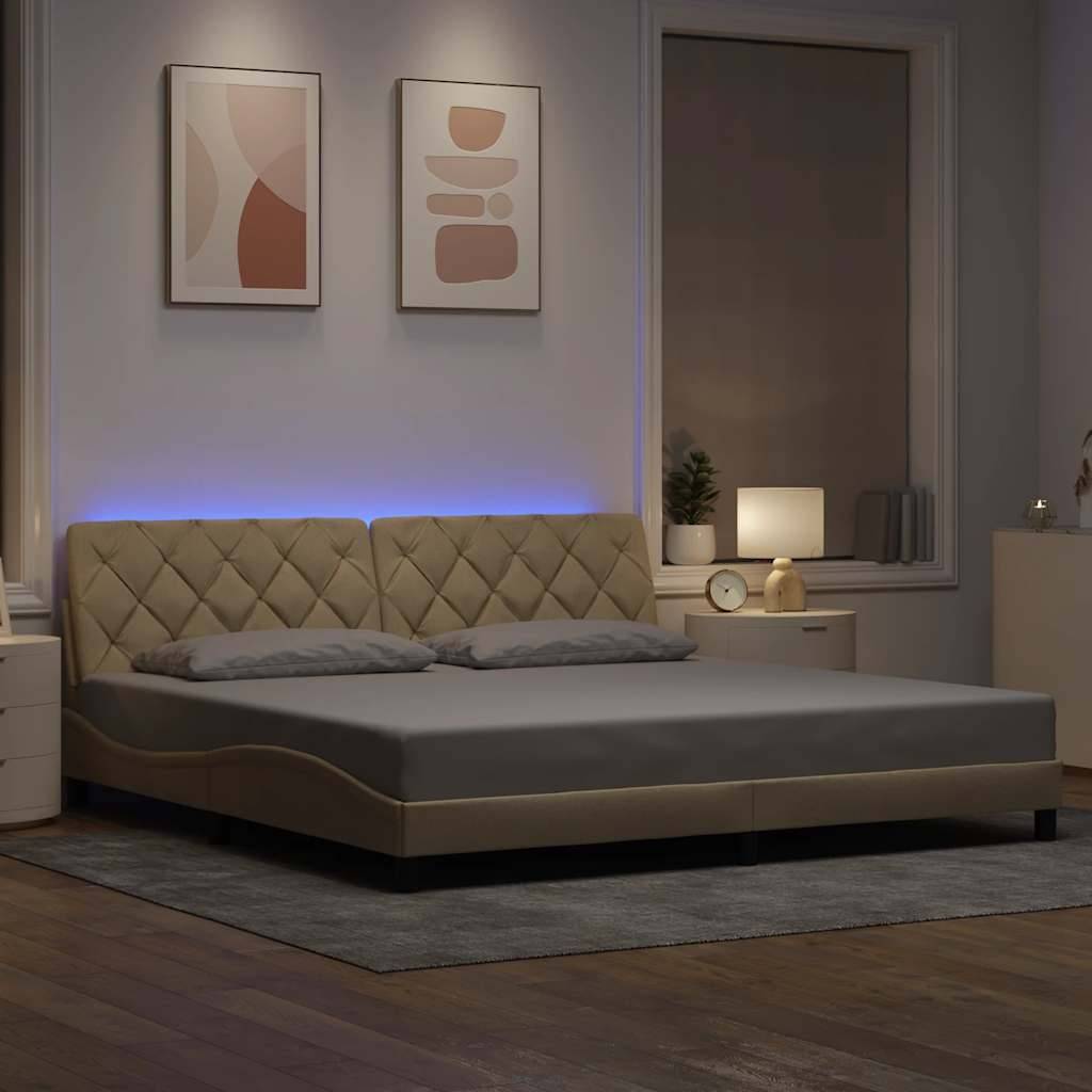 Ein modernes Schlafzimmer mit einem flachen, gepolsterten Bett, ambientem Licht, zwei abstrakten Kunstwerken und einem eleganten Nachttisch mit einer Lampe.