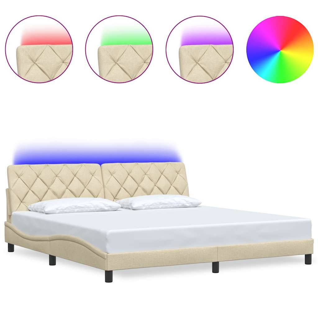 Ein beige gepolstertes Bett mit einer gesteppten Kopfseite, ausgestattet mit einstellbarer LED-Beleuchtung in verschiedenen Farben, dargestellt durch Symbole über dem Bett.