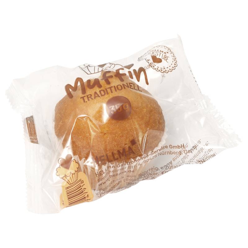 Eine verpackte traditionelle Muffin mit einer durchsichtigen Verpackung, die die Bäckereimarke zeigt.