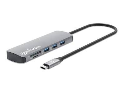 MANHATTAN USB-C PD 4K Dockingstation USB C-Stecker auf HDMI 4K60Hz 3x USB-A USB-C 5Gbit/s USB-C PD 100W SD/MicroSD RJ45 Gigabit grau