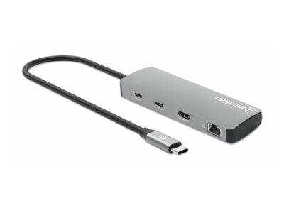 MANHATTAN USB-C PD 4K Dockingstation USB C-Stecker auf HDMI 4K60Hz 3x USB-A USB-C 5Gbit/s USB-C PD 100W SD/MicroSD RJ45 Gigabit grau