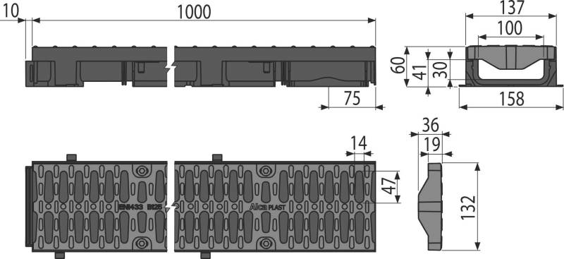 Alcadrain Entwässerungsrinne 60 mm mit Kunststoffrand und Rost aus Komposite B125