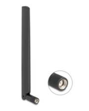 Eine schwarze drahtlose Antenne mit einer schwenkbaren Gelenkhülse und einer Detailansicht, die ihr Anschlussende zeigt.