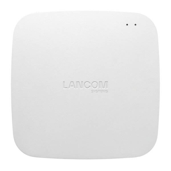Weißes quadratisches LANCOM Systems-Netzwerkgerät mit zwei kleinen Statusleuchten in der oberen rechten Ecke.