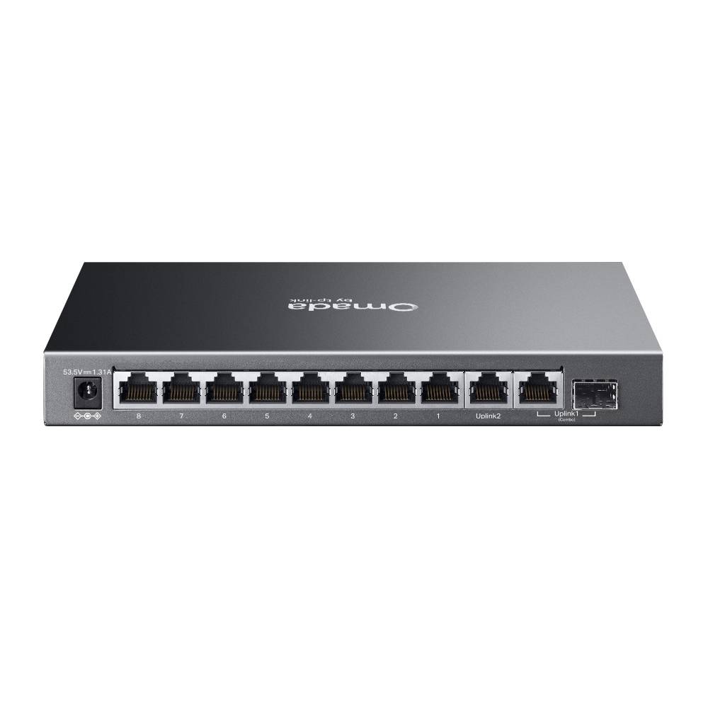 Vorderansicht eines grauen Netzwerk-Switches mit mehreren Ethernet-Anschlüssen und zwei Uplink-Anschlüssen, auf weißem Hintergrund dargestellt.