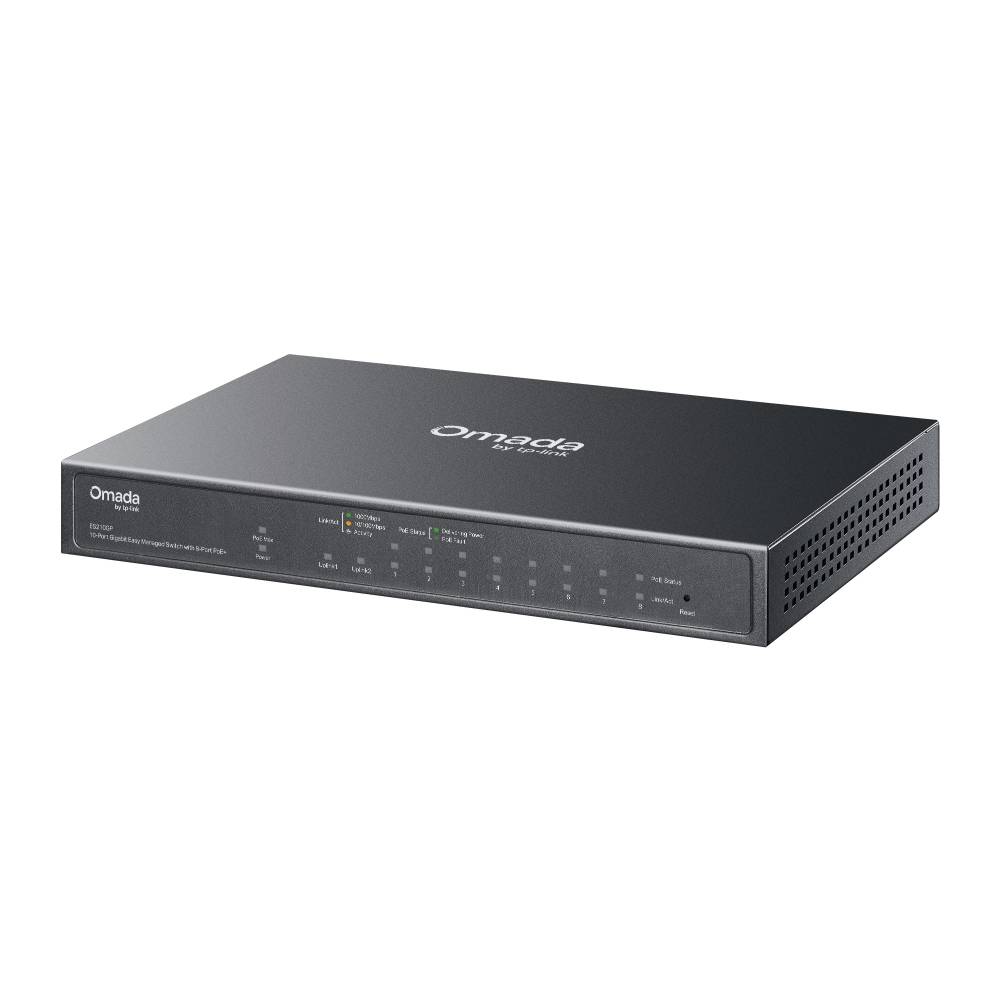 Schwarzer Omada Netzwerk-Switch/Router mit vorderen Status-LEDs und mehreren Ethernet-Anschlüssen
