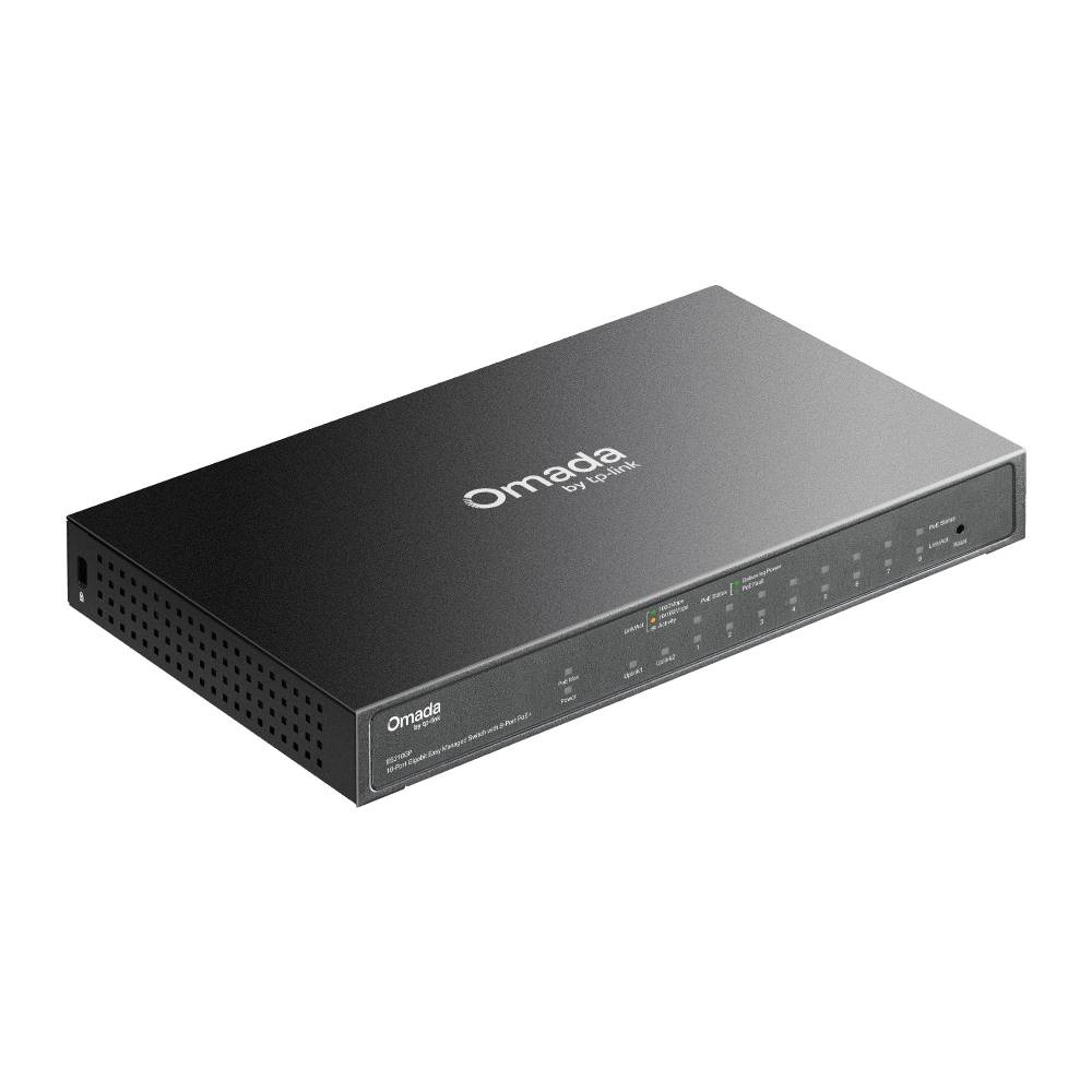 Schwarzer Omada Rack-Mount Netzwerk-Switch mit vorderen Statusleuchten und Anschlüssen, dargestellt in angularischer Produktansicht auf weißem Hintergrund