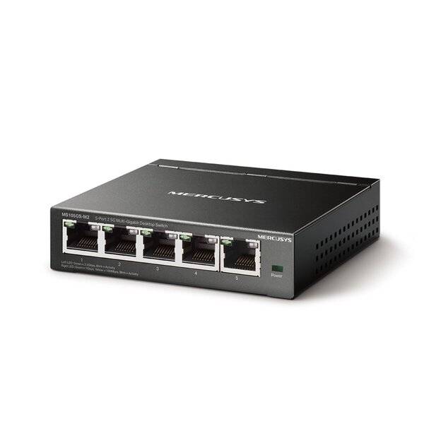 Schwarzer Mercusys Ethernet-Switch mit fünf vorderen Netzwerkports und einer Stromanzeige, dargestellt auf weißem Hintergrund