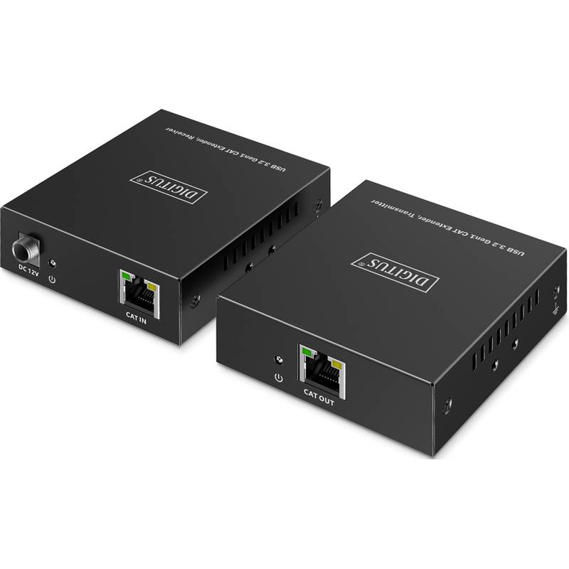 Zwei schwarze Digitus CAT-Extender nebeneinander dargestellt, einer mit der Bezeichnung CAT IN und der andere mit CAT OUT, jeweils mit einer Stromanschlussbuchse und einem Ethernet-Anschluss.