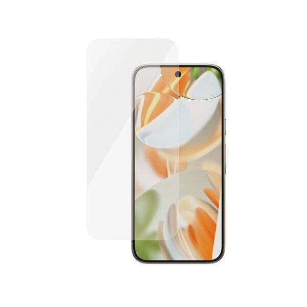 Smartphone-Vorderansicht mit abstraktem Hintergrundbild und einer transparenten Displayschutzfolie, die über dem Display ausgerichtet ist.