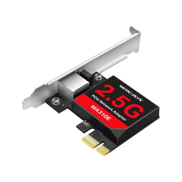 Mercusys 2.5G PCIe-Netzwerkadapterkarte mit Metallhalterung und vergoldeter Steckerleiste.