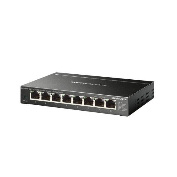 Schwarzer Mercusys Ethernet-Switch mit acht RJ45-Anschlüssen an der Vorderseite und Statusleuchten, gezeigt auf weißem Hintergrund.