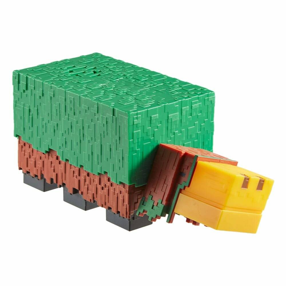 Pixel-Art-Stil Spielzeugschildkröte mit grünem Panzer, braunem Körper und gelbem Kopf, der nach vorne gestreckt ist, auf weißem Hintergrund.