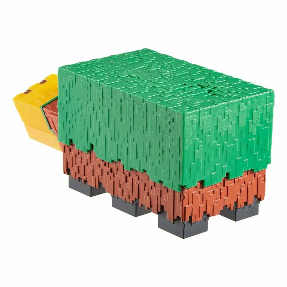 Ein kleines kantiges Spielzeugtier, das einem Büffel ähnelt, das aus ineinandergreifenden grünen, braunen, gelben und schwarzen Teilen auf weißem Hintergrund gebaut ist.