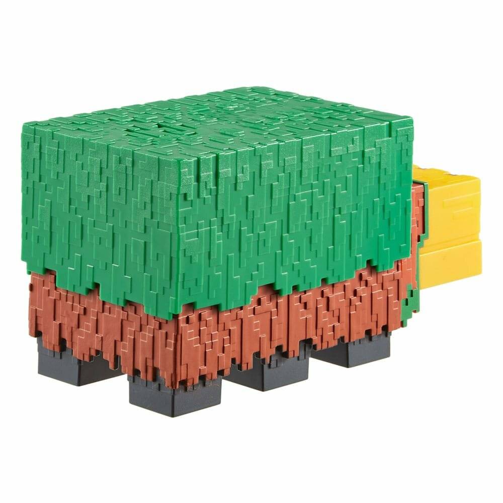 Buntes blockiges Spielzeug, das einem pixelierten Elefanten ähnelt, mit grünem Oberteil, brauner Unterseite, schwarzen Füßen und gelbem Schwanz auf weißem Hintergrund.