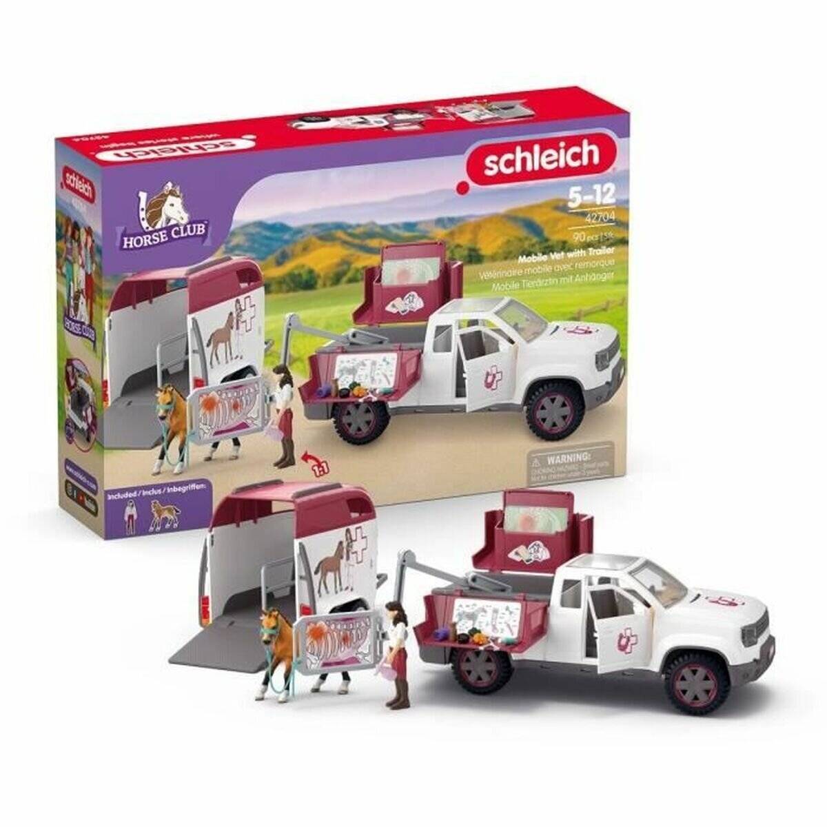 Schleich Horse Club Spielzeugrset mit einem weißen Pickup-Lastwagen, Pferdeanhänger, Pferd und Reiterfiguren, dargestellt mit der Produktverpackung.