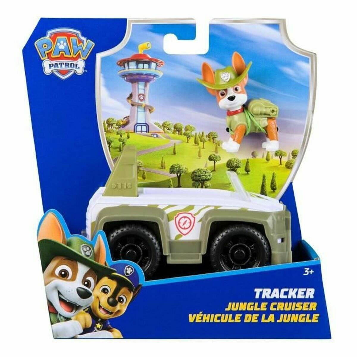 Paw Patrol Tracker Dschungel-Kreuzer Spielzeug in Verpackung, zeigt die Tracker-Figur und das grüne Fahrzeug für Altersgruppe 3+