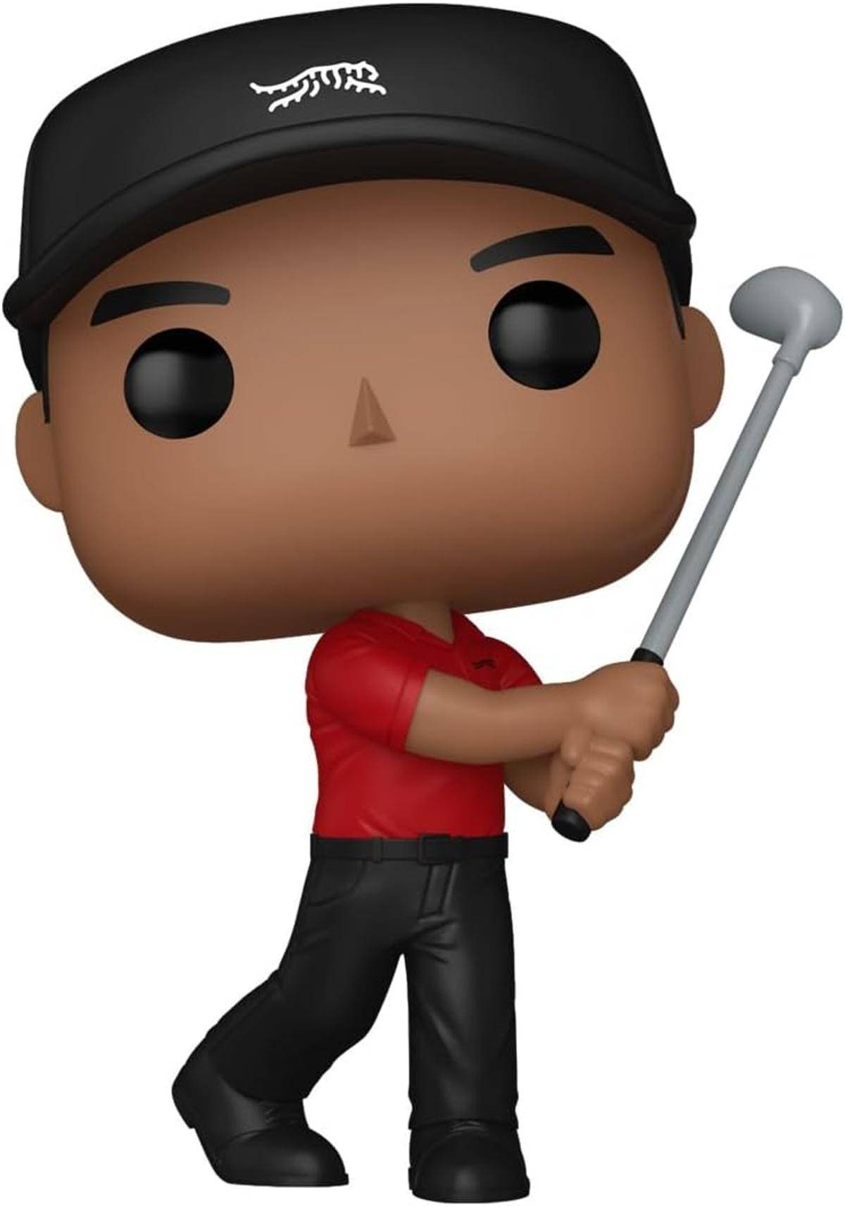 Cartoon-Golferfigur mit schwarzer Kappe und rotem Hemd, die einen Golfschläger in einer Schwungsposition hält.