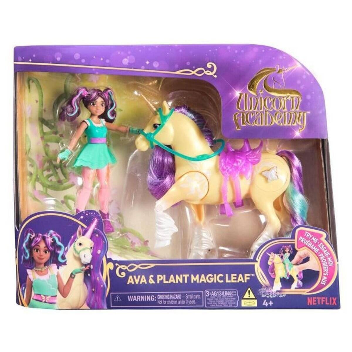 Unicorn Academy Spielzeugset mit Ava-Puppe, einem Einhorn namens Leaf, und dem Text „Ava & Plant Magic Leaf" sowie „Netflix"" auf lila Verpackung.