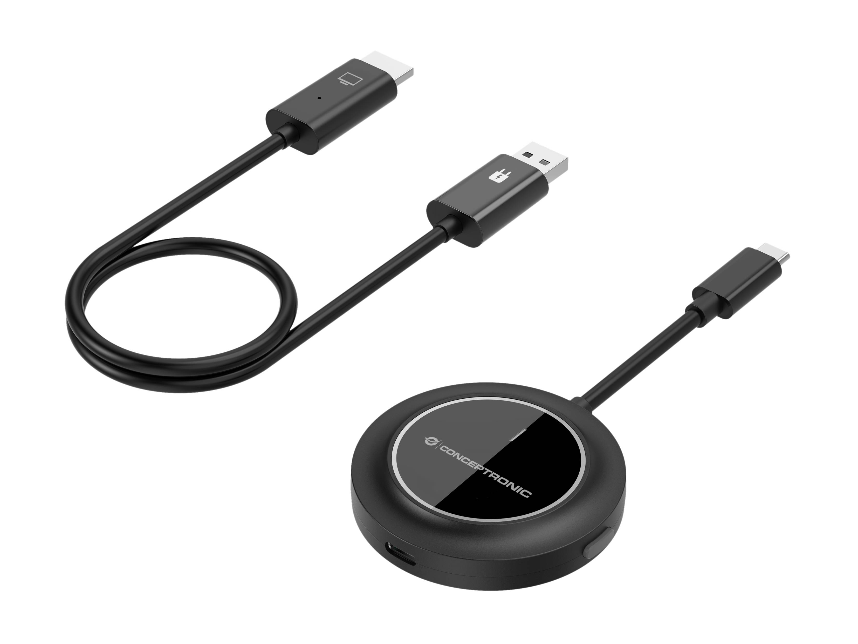 HDMI- und USB-Kabel mit einem kreisförmigen Adapter, entwickelt von Conceptronic, mit einem nahtlosen Design für einfache Konnektivität zwischen Geräten.