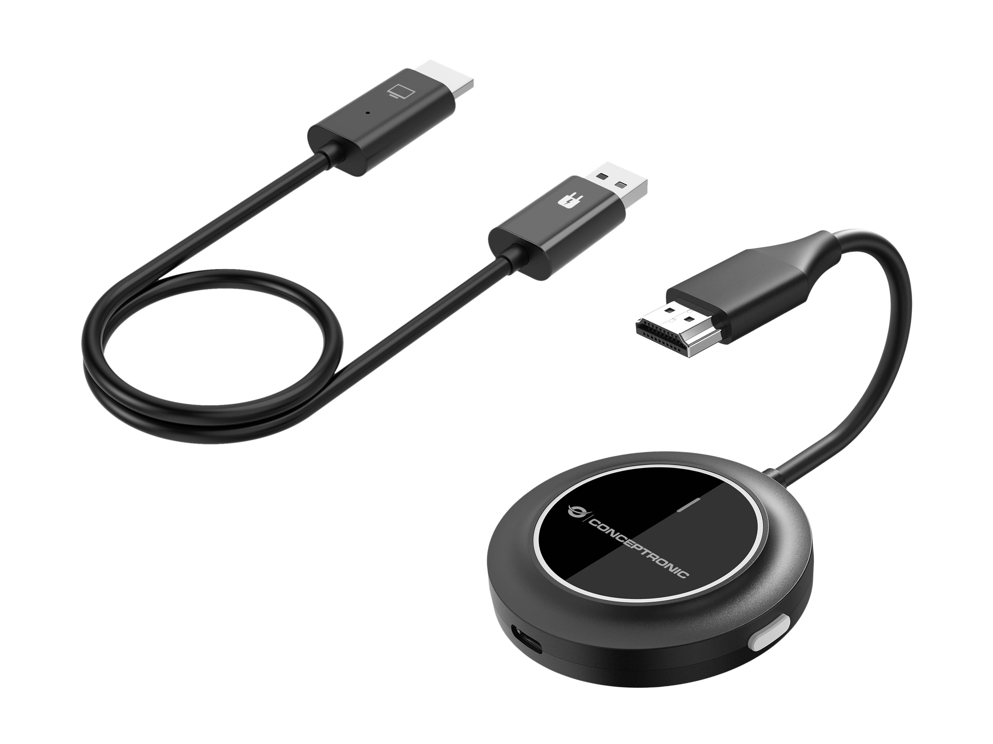 Ein drahtloser Displayadapter mit HDMI- und USB-Kabel, ausgestattet mit einem kleinen, runden Empfänger, beschriftet mit 'Conceptronic'.