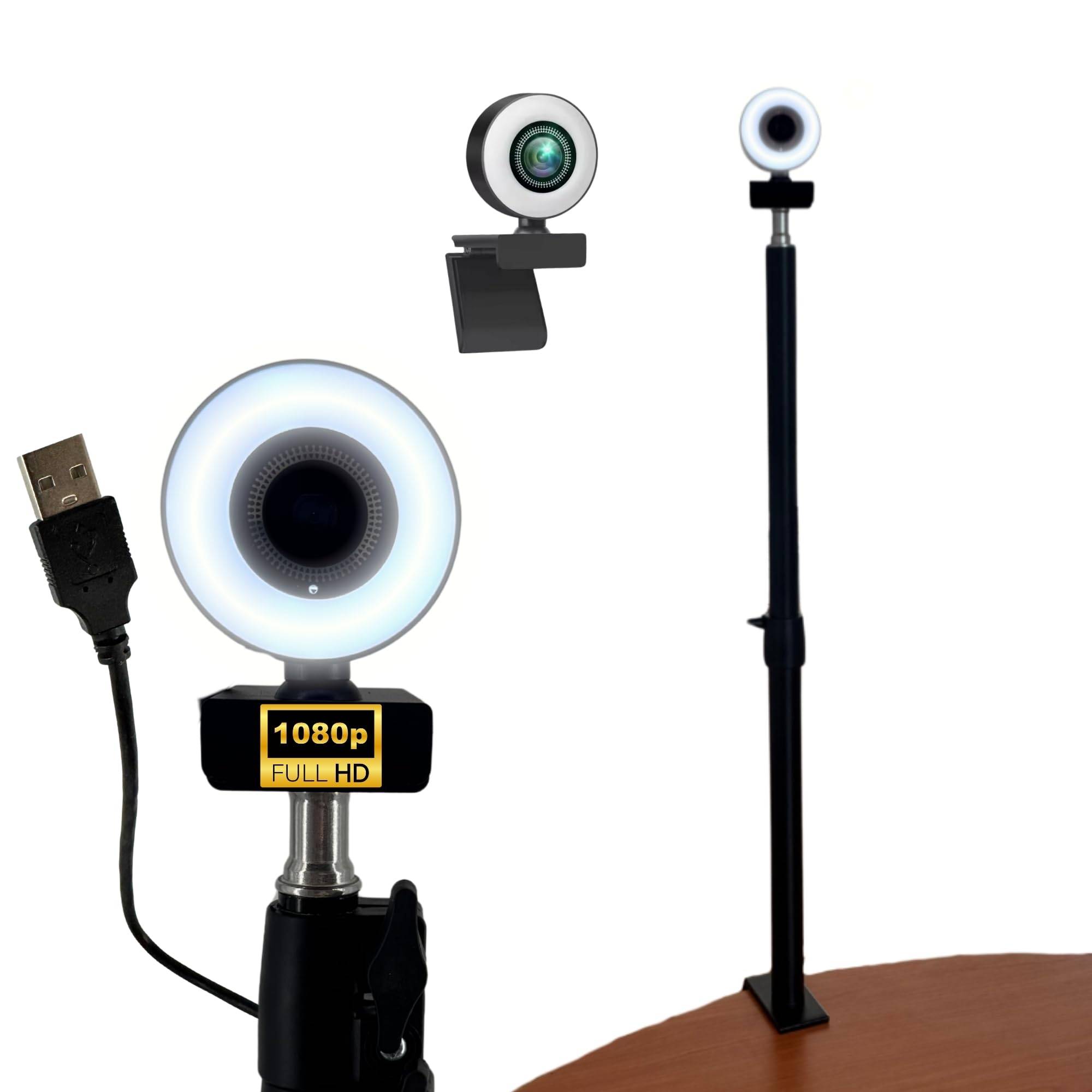 Autofokus Webcam mit Ringlicht Lampe Klemmstativ Tischplatte Halterung Full HD 1920x1080p I 2 Mikrofone Stereo Geräuschunterdrückung Hintergrund I