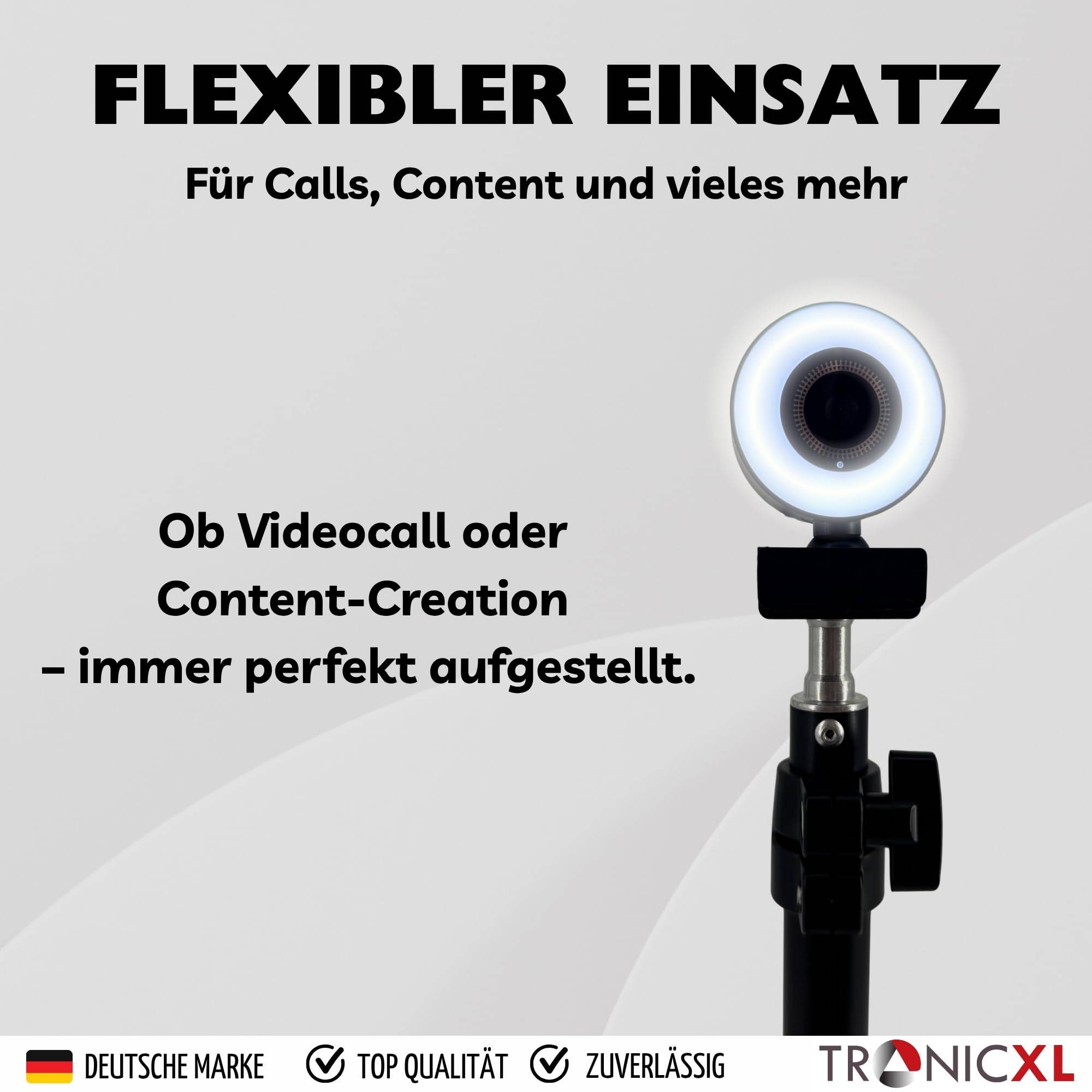 Autofokus Webcam mit Ringlicht Lampe Klemmstativ Tischplatte Halterung Full HD 1920x1080p I 2 Mikrofone Stereo Geräuschunterdrückung Hintergrund I