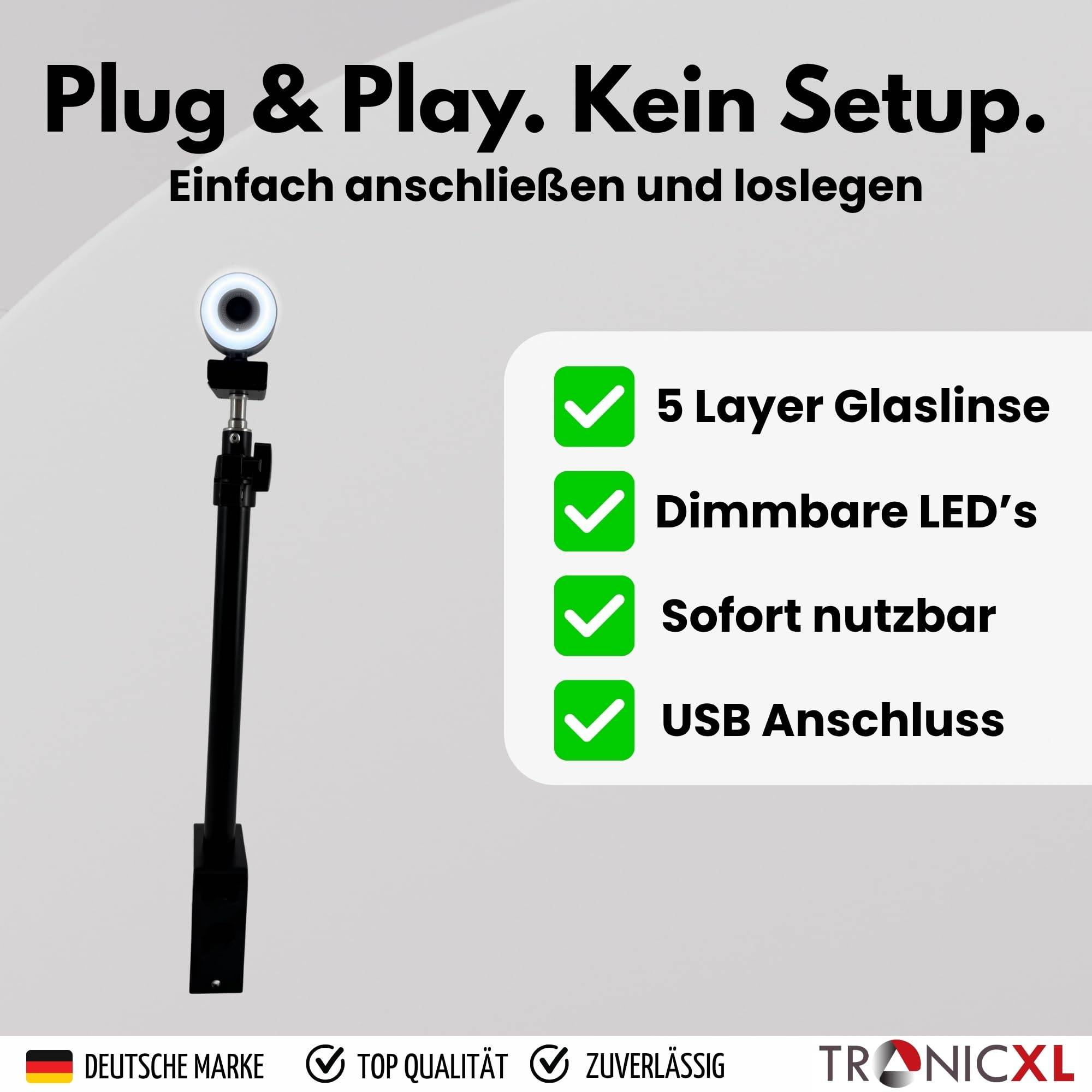 Autofokus Webcam mit Ringlicht Lampe Klemmstativ Tischplatte Halterung Full HD 1920x1080p I 2 Mikrofone Stereo Geräuschunterdrückung Hintergrund I