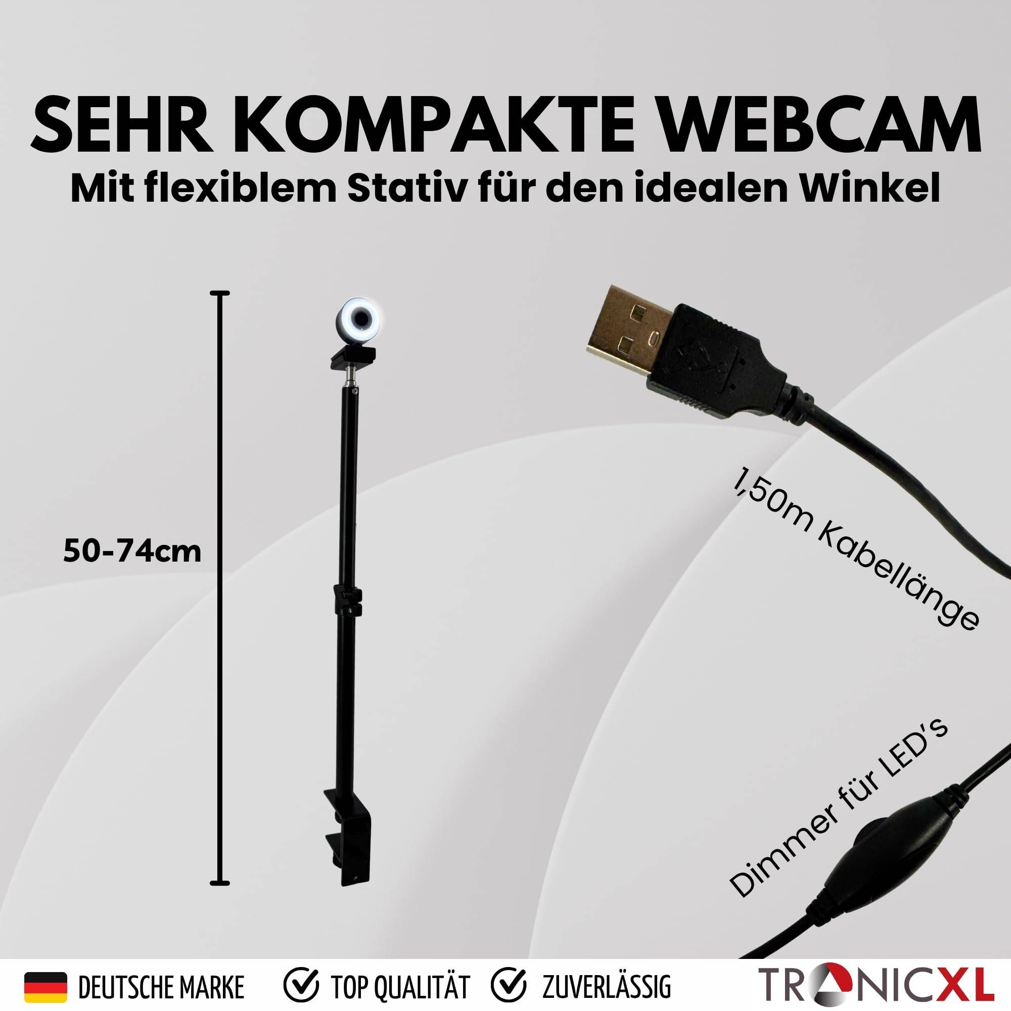 Autofokus Webcam mit Ringlicht Lampe Klemmstativ Tischplatte Halterung Full HD 1920x1080p I 2 Mikrofone Stereo Geräuschunterdrückung Hintergrund I